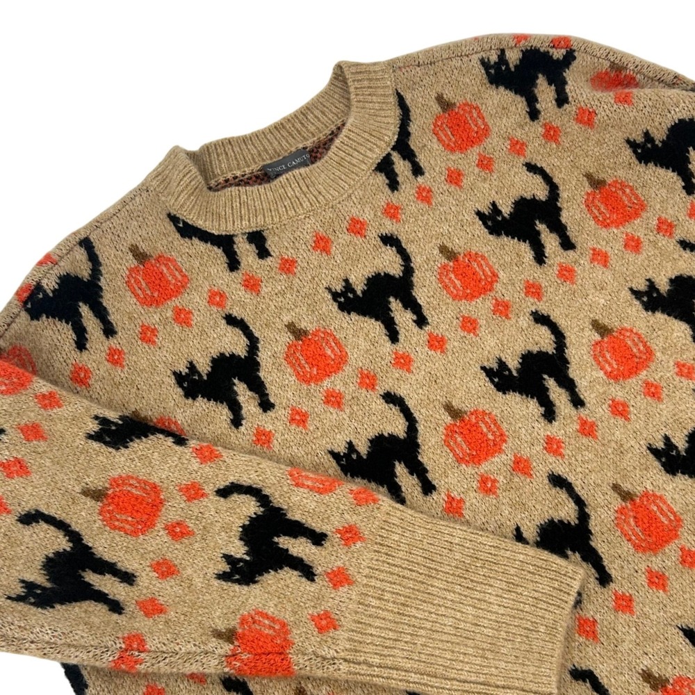 Vince Camuto Womens Halloween Sweater Tan Black Cat Pumpkin SV7755201 Large NWT